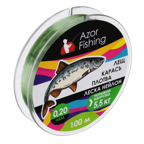 AZOR FISHING Леска "Лещ, Карась, Плотва", нейлон, 100м, 0,20мм, 5,5кг, зеленая Azor fishing