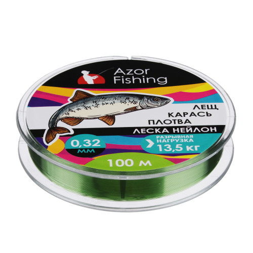 AZOR FISHING Леска "Лещ, Карась, Плотва", нейлон, 100м, 0,32мм, 13,5кг, зеленая AZOR FISHING