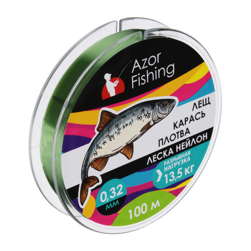 AZOR FISHING Леска "Лещ, Карась, Плотва", нейлон, 100м, 0,32мм, 13,5кг, зеленая AZOR FISHING