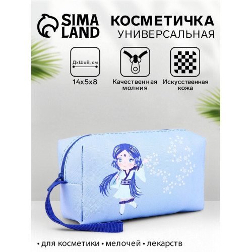 Косметичка на молнии, с ручкой, маленькая, с рисунком, голубая (производитель не указан)