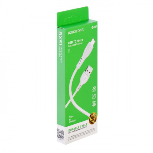 Кабель Borofone BX51, microUSB - USB, 2.4 А, 1 м, PVC оплётка, белый Borofone