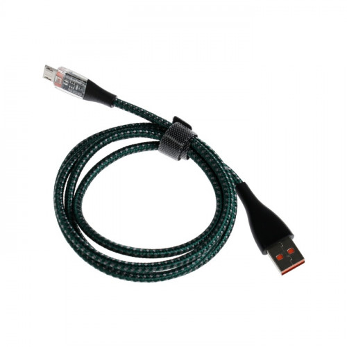 Кабель, 2 А, MicroUSB  - USB, прозрачный, оплётка нейлон, 1 м, зелёный (производитель не указан)