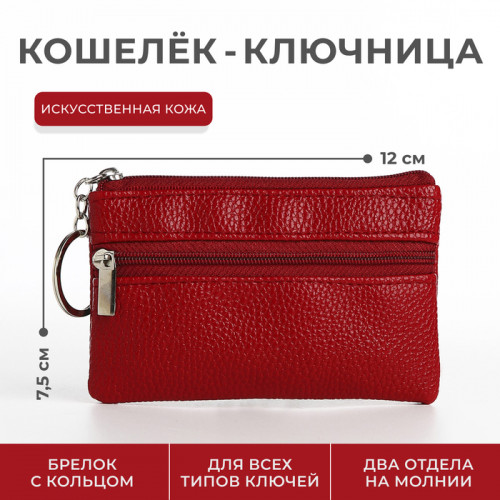 Ключница - кошелёк на молнии, длина 12 см, кольцо, цвет красный (производитель не указан)