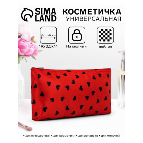 Косметичка-пенал на молнии, плоская, маленькая, с рисунком, красная (производитель не указан)