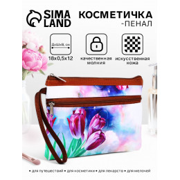 Косметичка-пенал на молнии, плоская, с карманом, с ручкой, с рисунком «Тюльпаны», розовая