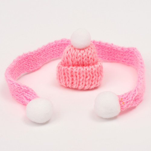 Вязанные шапка и шарфик для игрушек, цвет розовый (производитель не указан)