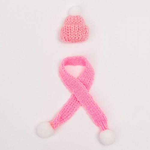 Вязанные шапка и шарфик для игрушек, цвет розовый (производитель не указан)