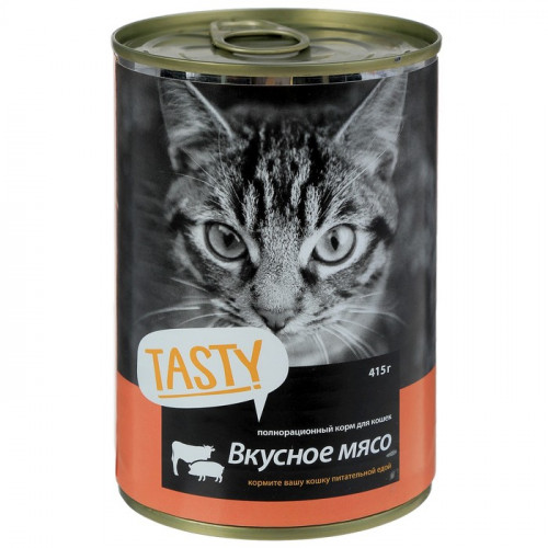 Влажный корм Tasty для кошек, мясное ассорти в соусе, ж/б, 415 г Tasty