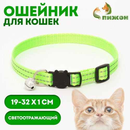 Ошейник кошачий светоотражающий, с серебряным бубенчиком, 19-32 х 1 см, зелёный Пижон
