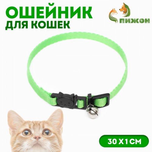 Ошейник кошачий с бубенчиком, 30 х 1 см, полиэстер, зелёный Пижон