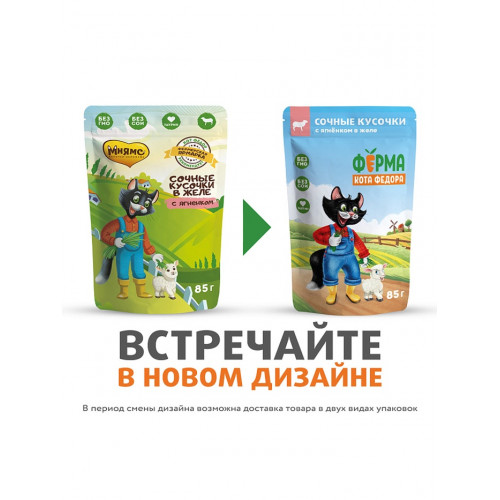 Влажный корм Ферма кота Фёдора сочные кусочки в желе для кошек с ягненком 85г Мнямс