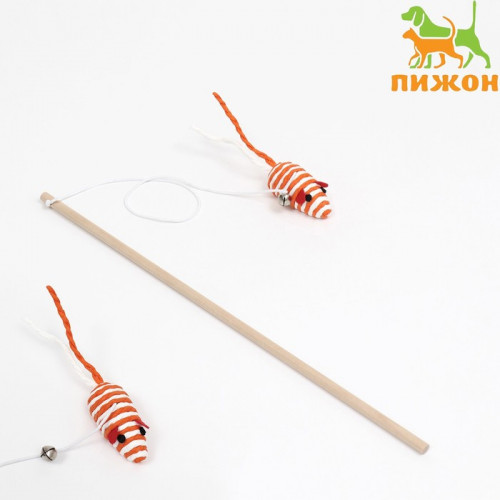 Дразнилка-удочка с мышью на деревянной ручке, оранжевая/белая Пижон