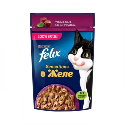 Влажный корм Felix Sensations для кошек, утка/шпинат в желе, 75 г FELIX