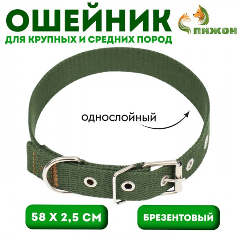 Ошейник брезентовый однослойный, 58 х 2,5 см, хаки Пижон
