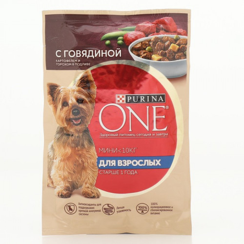 Влажный корм Purina One mini для взрослых собак говядина/Картофель/горох в подливе, 85 г Purina ONE