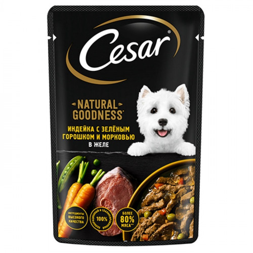 Влажный корм Cesar для собак, индейка, горох, морковь, в желе пауч, 80г Cesar