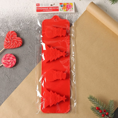 Форма силиконовая для украшений Доляна «Новый год», 31×9 см, 4 ячейки, с палочками, цвет красный Доляна