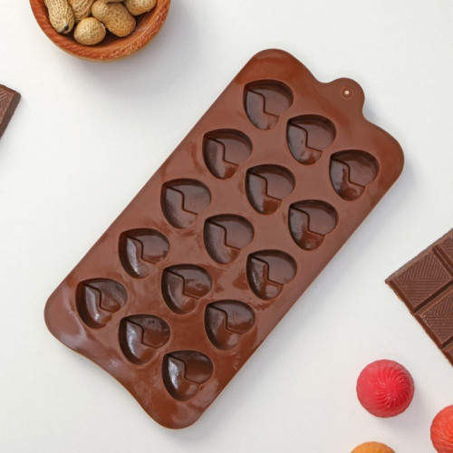 Форма силиконовая для шоколада Доляна «Сердце», 21×10×1,5 см, 15 ячеек (3×2,3 см), цвет коричневый Доляна
