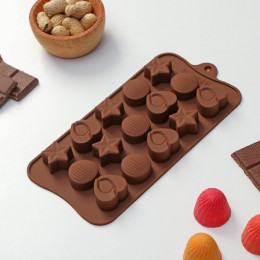 Форма для шоколада Доляна «Звёзды, ракушки, сердца», 20,6×10,3 см, 15 ячеек, цвет коричневый