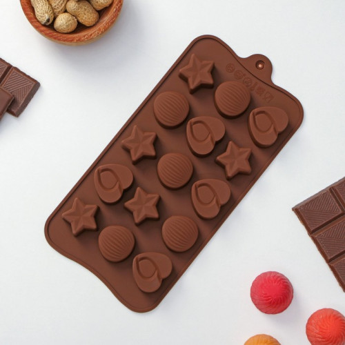 Форма для шоколада Доляна «Звёзды, ракушки, сердца», 20,6×10,3 см, 15 ячеек, цвет коричневый Доляна
