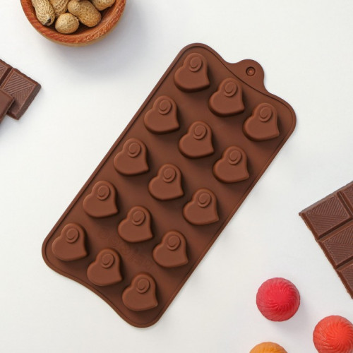 Форма для шоколада Доляна «Сердцеедка», 21,5×11×1,5 см, 15 ячеек, цвет коричневый Доляна