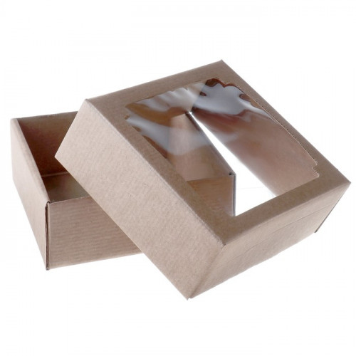 Коробка сборная без печати крышка-дно бурая с окном 14,5 х 14,5 х 6 см (производитель не указан)