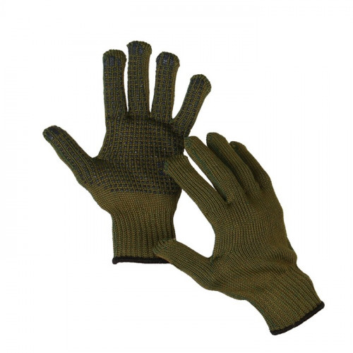 Перчатки, х/б, вязка 10 класс, 5 нитей, 3-слойные, размер 10, с ПВХ протектором, зелёные, «Олива» (производитель не указан)