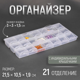 Органайзер для рукоделия, 21 отделение, 21,5 × 10,5 × 1,9 см, цвет прозрачный