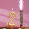 Набор Свеча для торта цифра 2 Гигант, золотая, с фонтаном, 9,5 см Страна Карнавалия