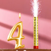 Набор Свеча для торта цифра 4 Гигант, золотая, с фонтаном, 9,5 см Страна Карнавалия