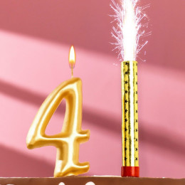 Набор Свеча для торта цифра 4 Гигант, золотая, с фонтаном, 9,5 см