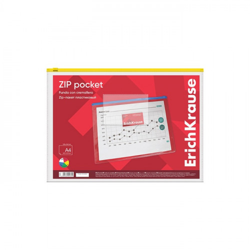 Папка-конверт на ZIP-молнии А4, 140 мкм, ErichKrause PVC Zip Pocket, прозрачная, до 100 листов, микс ErichKrause
