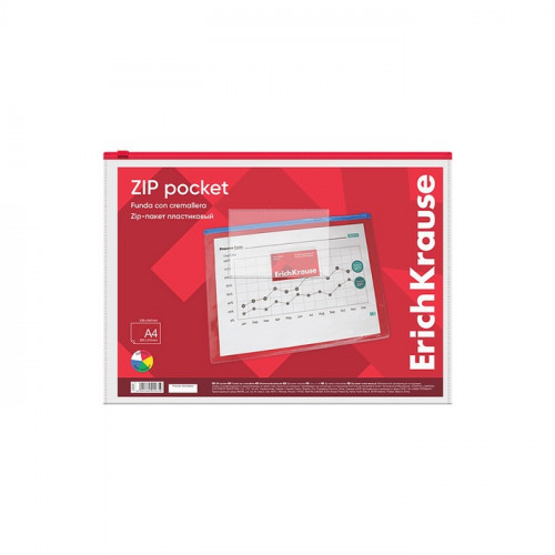 Папка-конверт на ZIP-молнии А4, 140 мкм, ErichKrause PVC Zip Pocket, прозрачная, до 100 листов, микс ErichKrause