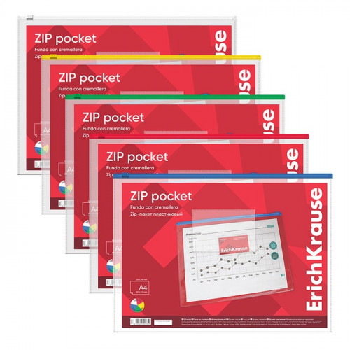 Папка-конверт на ZIP-молнии А4, 140 мкм, ErichKrause PVC Zip Pocket, прозрачная, до 100 листов, микс ErichKrause