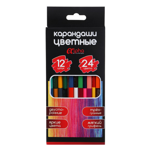 Карандаши двусторонние 24 цвета "Альфа" 3-гранные заточ., дерево, 2М, к/к, ПРЕМИУМ, 12шт. ClipStudio